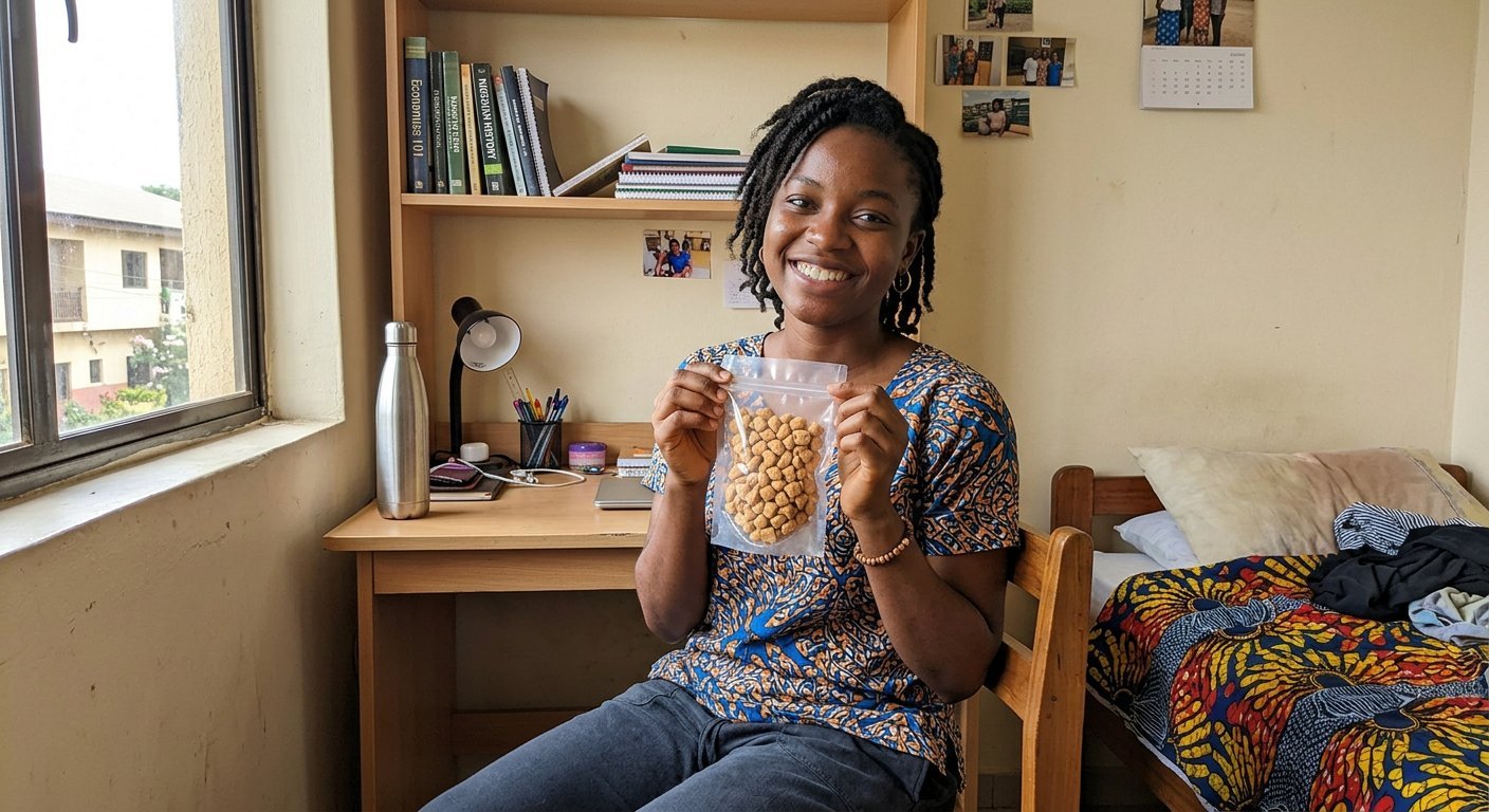 A happy student customer with a pack of chin chin